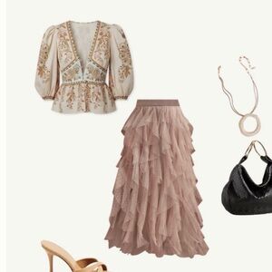 The Chéri Ruffled Tulle Midi Skirt by Anthropologie Elegant Pink Layered Skirt